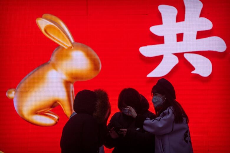 People wearing face masks stand in front of a large screen displaying a rabbit with a Chinese character.