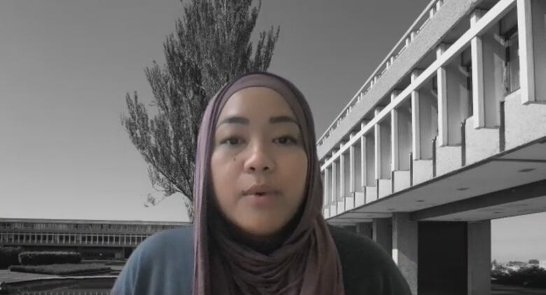 An SFU professor wearing a hijab speaks about food insecurity in Canada.