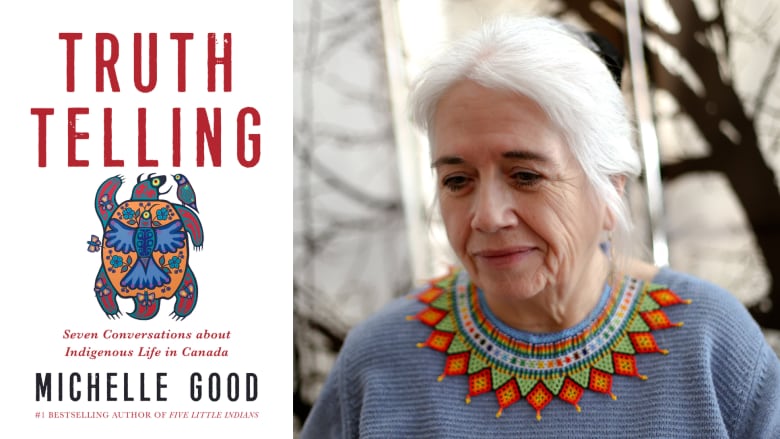 A composite photo of a white book cover with an illustration of a turtle and the book's author, an older woman with white hair and a purple sweater looking at the ground.