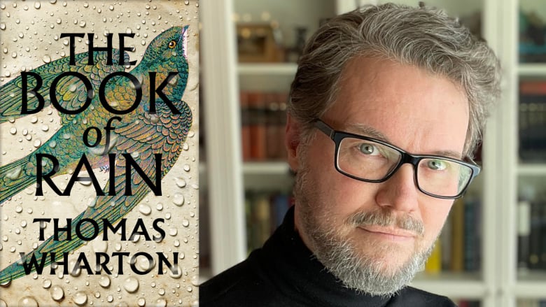 A composite photo of a book cover featuring rain drops on an illustration of a green bird and the book's author, a man with short gray hair and glasses wearing a turtleneck.