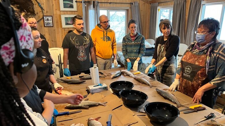 A group of people surround a long table. Each person has dead fish in front of them.