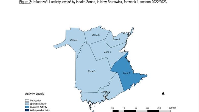 A map of New Brunswick, divided by health zone, with one zones shaded a darker colour of blue than the other six.