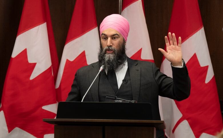 A man in a suit and a turban stands at a podium in front of a line of Canada flags