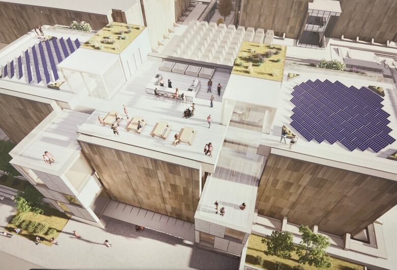 Artist rendering shows people enjoying drinks on a roof top, with solar panels also on the roof. 