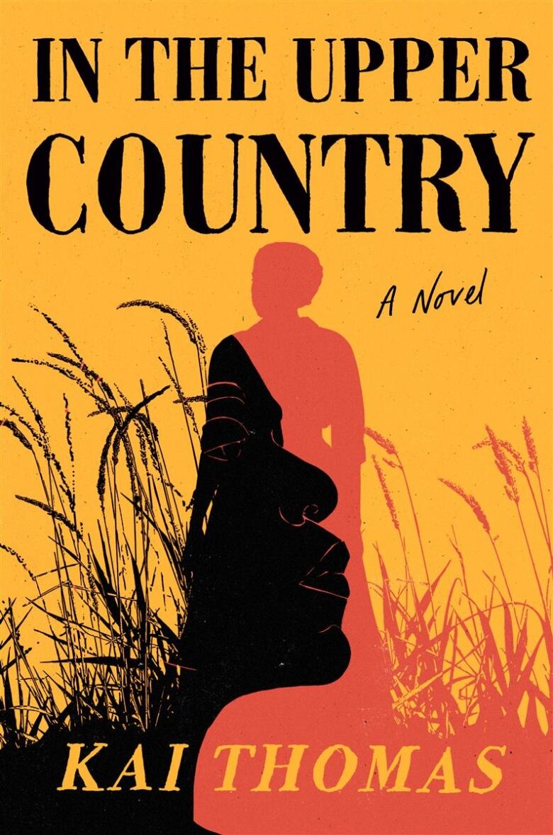 The yellow book cover features an illustration of the orange silhouette of a woman in a dress standing in a hay field. Layered over half the image is the black side profile of another woman, neck up. 