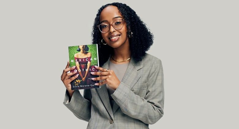 A book cover of a woman in a maroon dress sitting in front of green wallpaper and a close-up photo of a young woman with glasses.