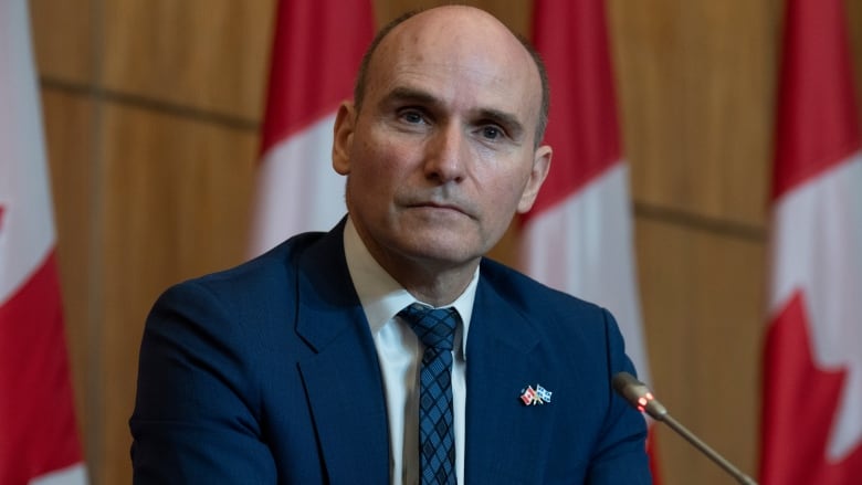 Man wearing suit and tie with serious expression on his face at press conference in front of row of Canadian flags.