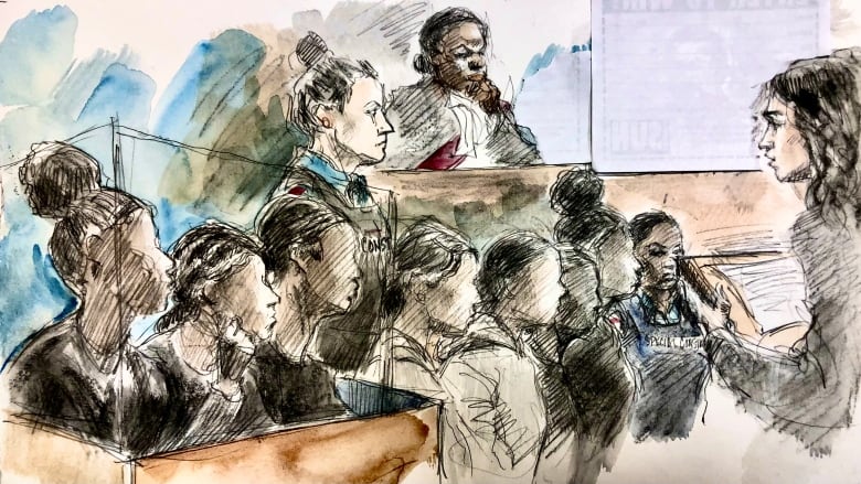 A court sketch from bail proceedings for seven of eight teen girls accused in the death of Toronto man Ken Lee.