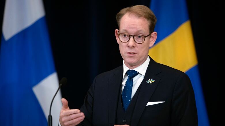 Swedish Foreign Minister Tobias Billstrom speaks during a news conference at the State Department, in Washington, Thursday, Dec. 8, 2022.