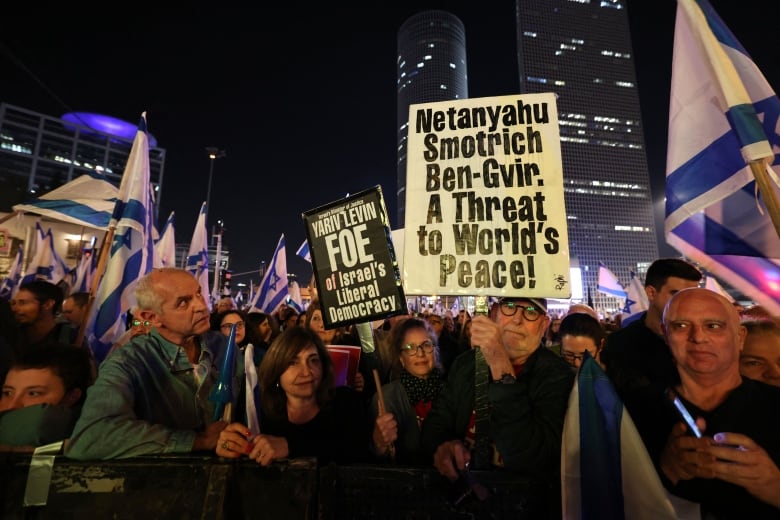 A crowd of protesters holding flags and placards at night.