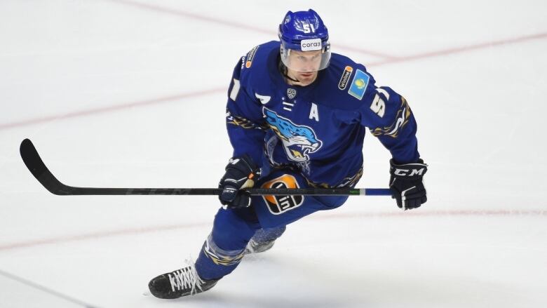 A hockey player skates during a game