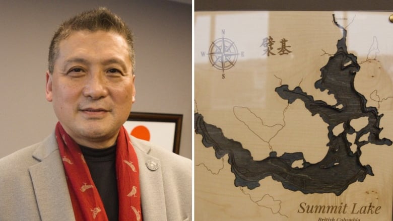 A man with blazer, black shirt and red scarf stands on the left, and a framed map with a Chinese word on it is displayed on the right.