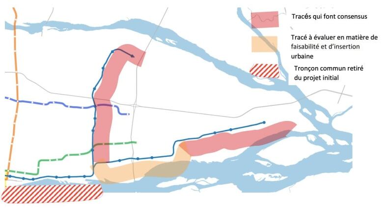 A map of routes highlighted with different colours and patterns. 