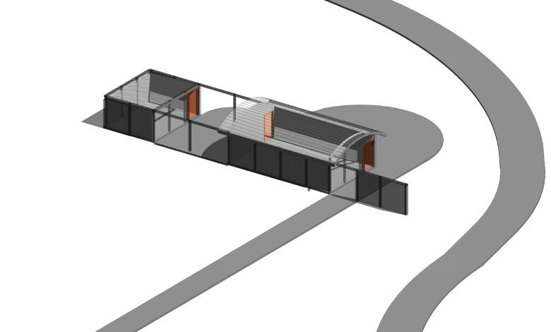 The design shows a top-angle view of a long, slender building with three rooms. The main room features a sliding roof which can shift over the open walkway and adjacent storage area. 