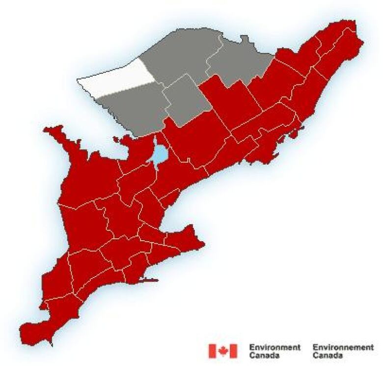 A colour-coded map of southern Ontario, mostly in red.