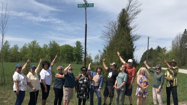 a group of people pointing to a street sign