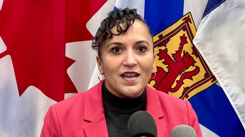 Angela Simmonds sits in front of microphones at the Nova Scotia Legislature. 