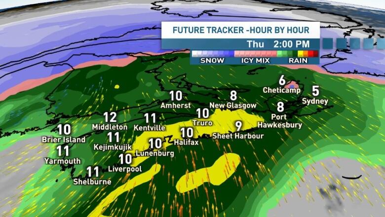 A map of Nova Scotia showing rain on Thursday.