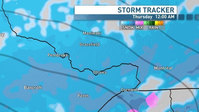 A weather map showing a snowstorm's track.