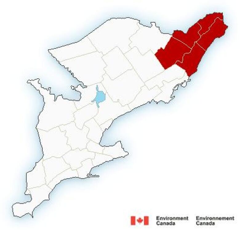 A colour-coded weather alert map of southern Ontario. The Ottawa area is generally in red.