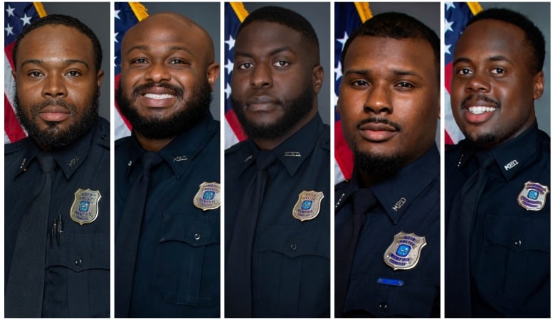 A combination photo shows five Black men wearing police uniforms and posing in front of a flag. 