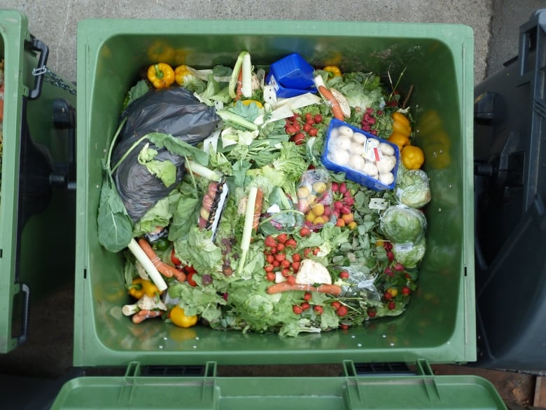 A bin filled with food waste illustrates the problem a new pilot program in Calgary is hoping to address.