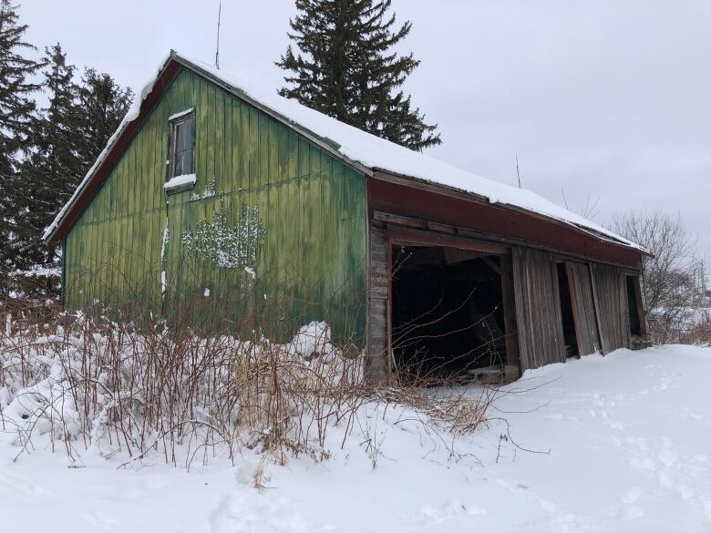 green barn surrounded by snow