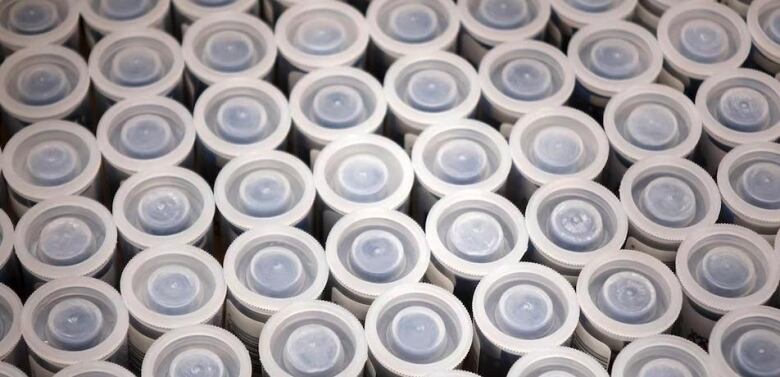 Dozens of film roll canisters are ready for sale.