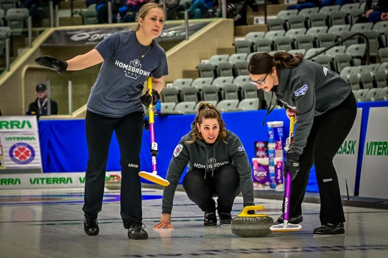 Robyn Silvernagle stares down her shot along with teammates Sherry Just [left] and Kara Thevenot (right).