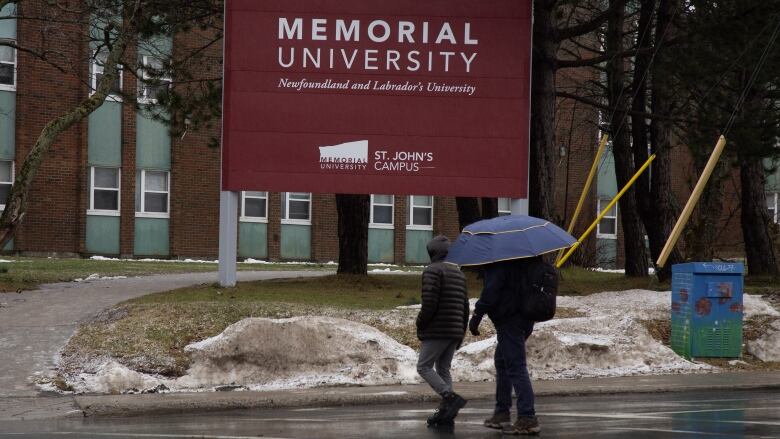 Two pedestrians walk near a sign for Memorial University.