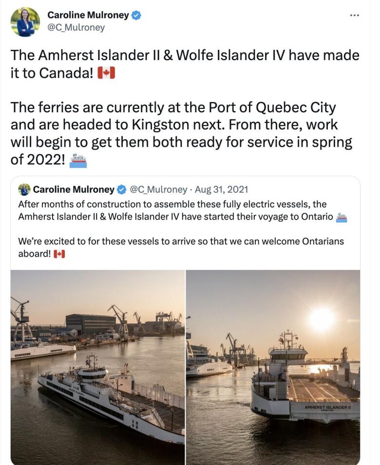 A tweet from Mulroney's account includes pictures of the Amherst Islander II and Wolfe Islander IV. It uses the boat and Canada flag emojis. 