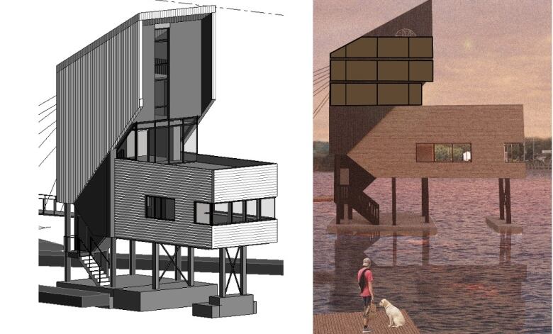 A black and white drawing on the left shows a tall tower with slanted roof and square room on the front above slits leading into the water. The right side of the image shows a rendering in colour of the same tower.