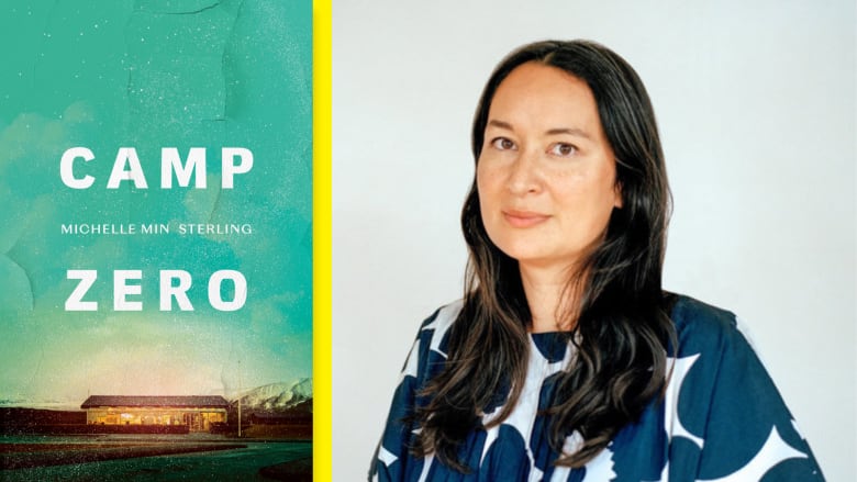 A book cover with a photo of a trailer under a vast green sky and a photo of the book's author, a woman with long black hair.