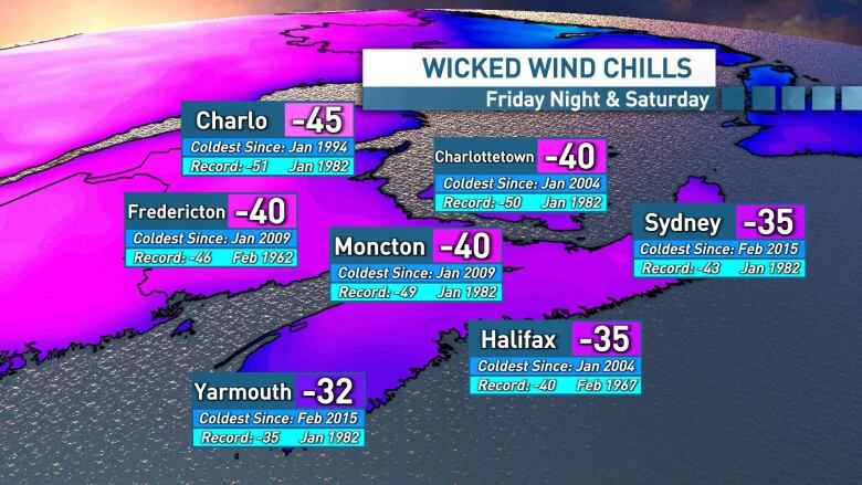 Wind chill values are expected to reach -35 to -40 or lower, for a large portion of the Maritimes on Friday night and Saturday.