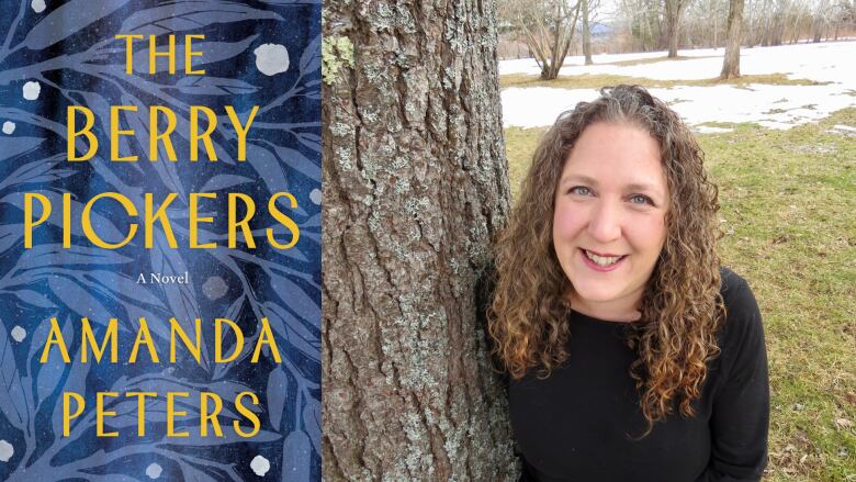 A blue book cover featuring a leaf motif and a photo of the book's author, a woman with curly blond hair standing next to a tree.