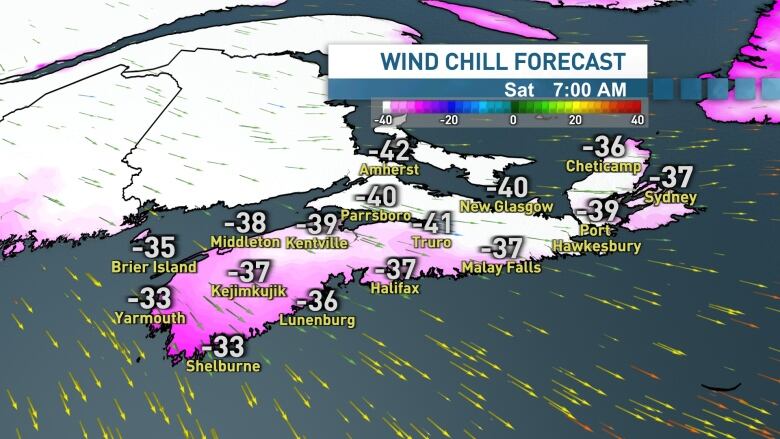 A map of Nova Scotia with the wind chill forecast. The coldest wind chill will be in Amherst where it will feel like -42 on Saturday morning.