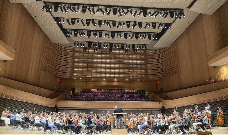 A conductor rehearses with a musicians in an orchestra.