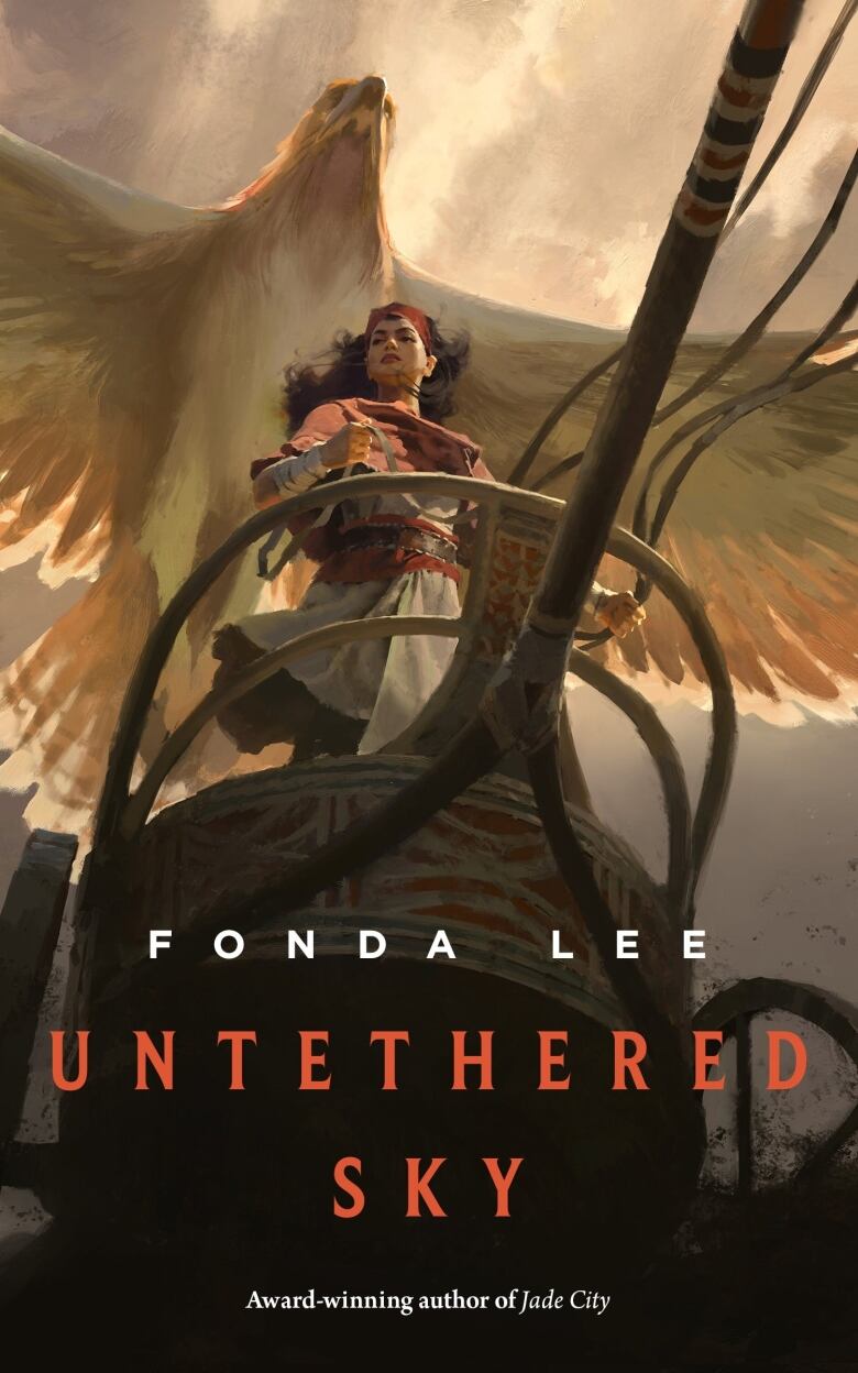 A book cover featuring a woman on a boat with a giant bird flying overhead.