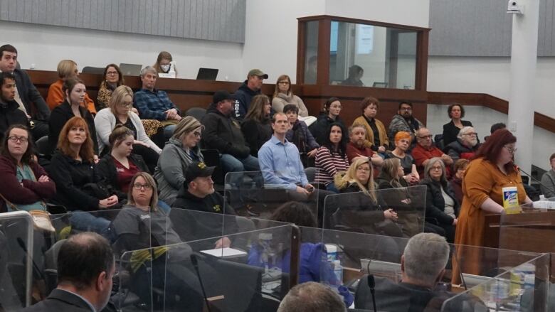 A city council room full of people sitting in seats behind a microphone.