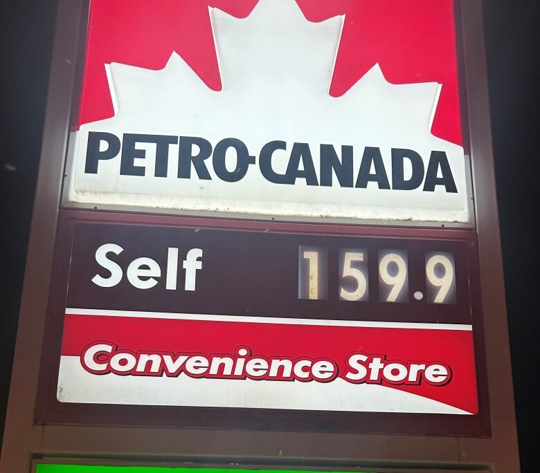 A Petro-Canada sign showing the price of gas.