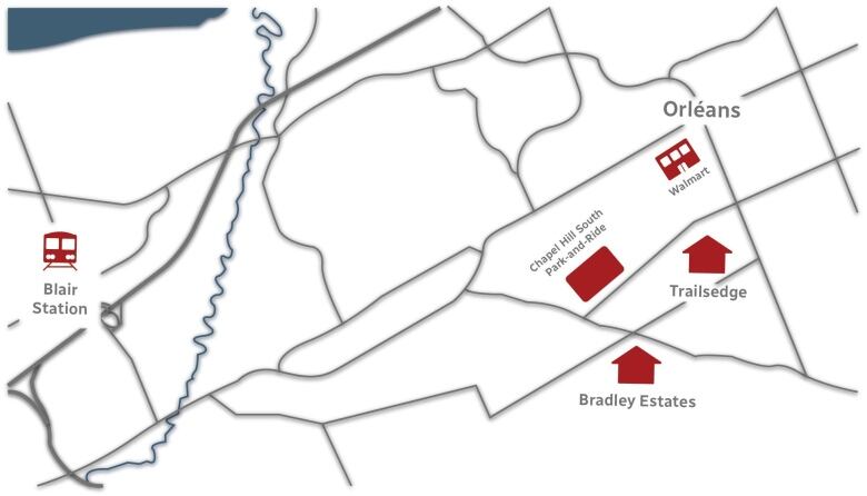 A map displaying the approximate locations of two Orlans residences, the local Walmart, the Chapel Hill South Park-and-Ride and Blair Station.