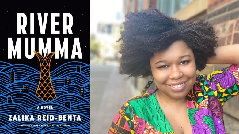 A dark book illustrated with waves and a fish tail with some buildings spread out. The author photo she is smiling and wearing a colourful shirt.