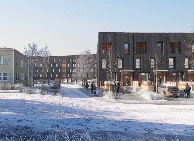 A rendering of modern townhouses in the foreground with an apartment building in the background. It's winter. 