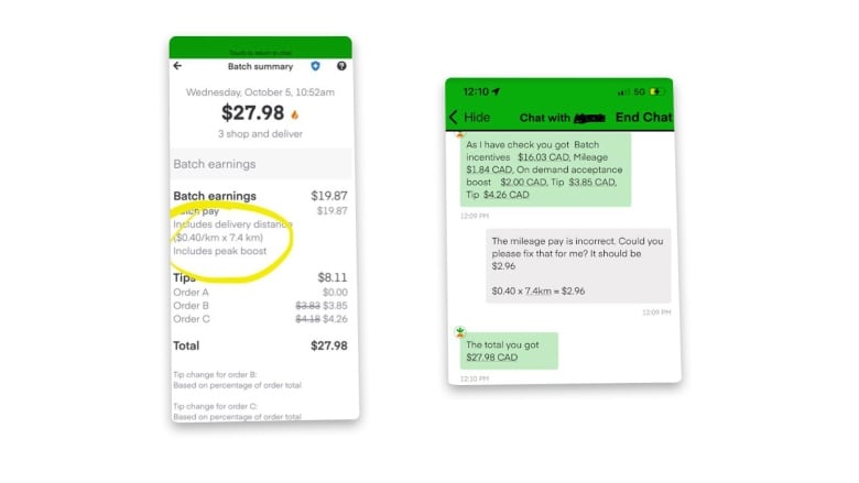 Two screen shots of the Instacart shopper app show a conversation between an employee and a support agent. The exchange is described in the body text of the article.