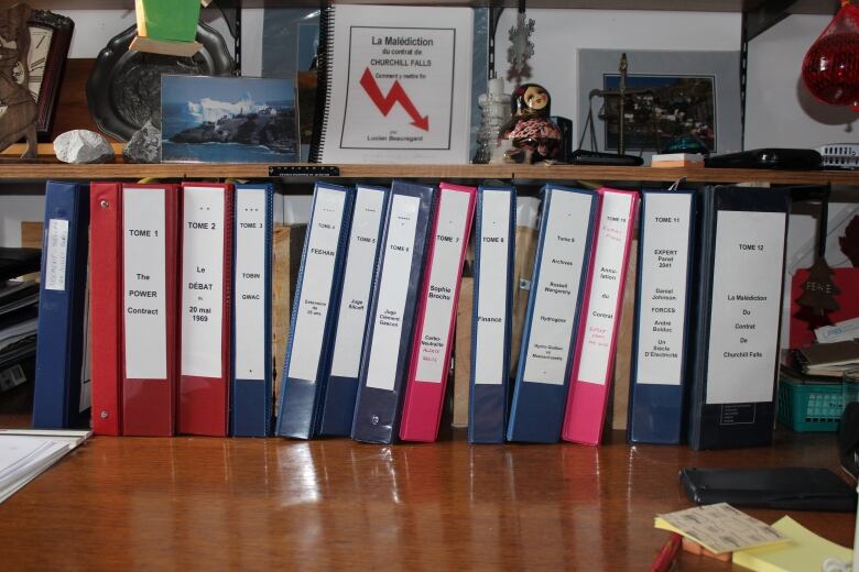 14 binders on a desk.