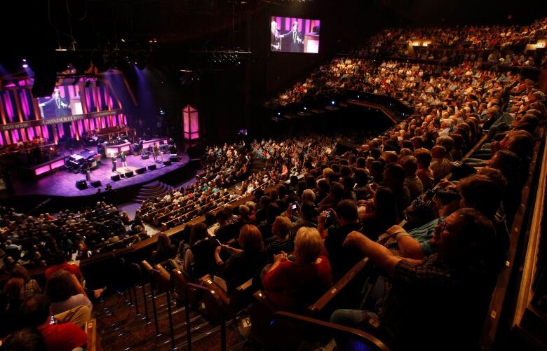 A large crowd in a theatre watches a stage as seen from a high balcony.