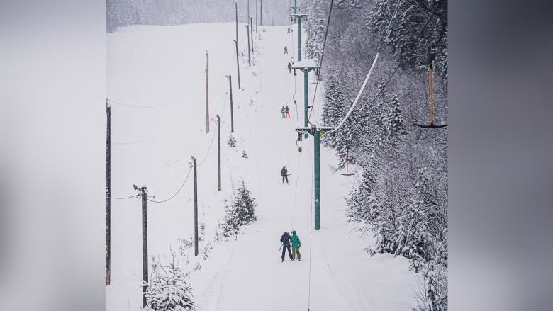 A T-bar lift with a series of skiers using it on a snow slope.