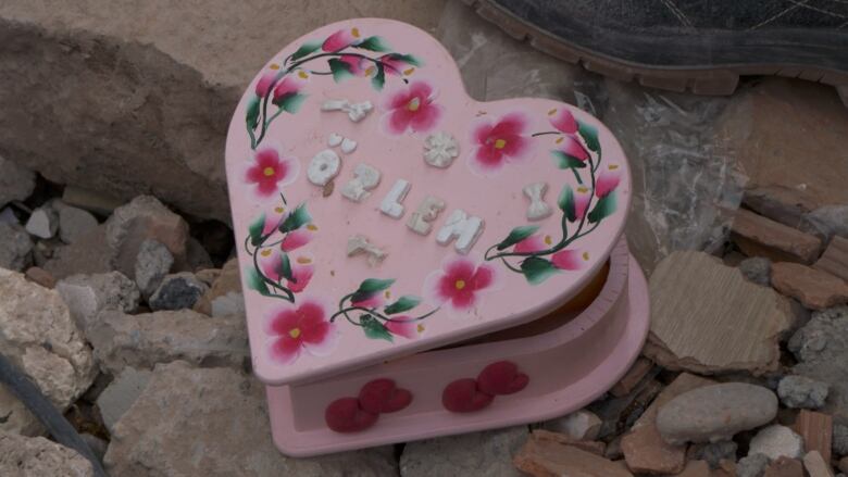 A pink heart-shaped box, painted with a pink, white and green floral pattern on the edges of the heart, lays nestled among concrete rubble. It bears the name 'zlem' in white block letters.