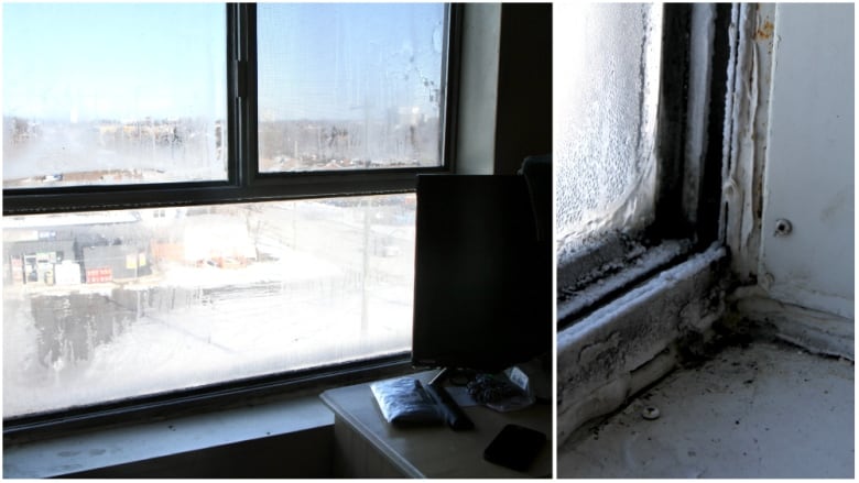 A bedroom window with frost along the outside and condensation on the glass.