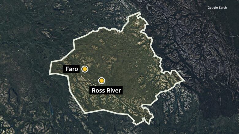 Green map with a white frame, marking Ross River and Faro. 